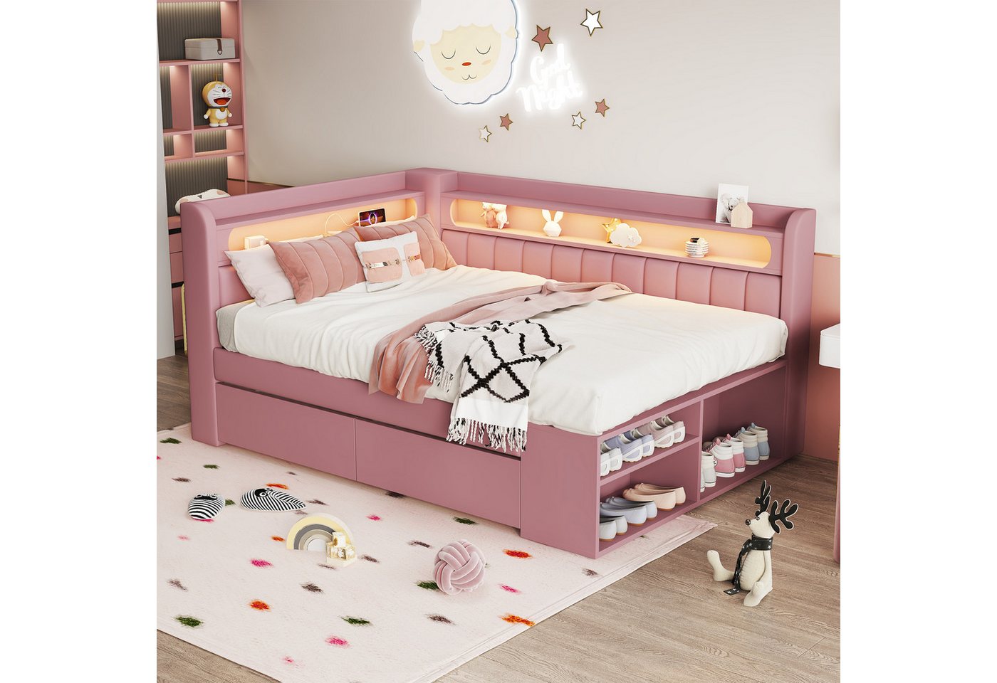 Flieks Daybett, Kinderbett 90x200cm mit Schuhschrank, 2 Schubladen, USB & LED – Bild 3 von 5