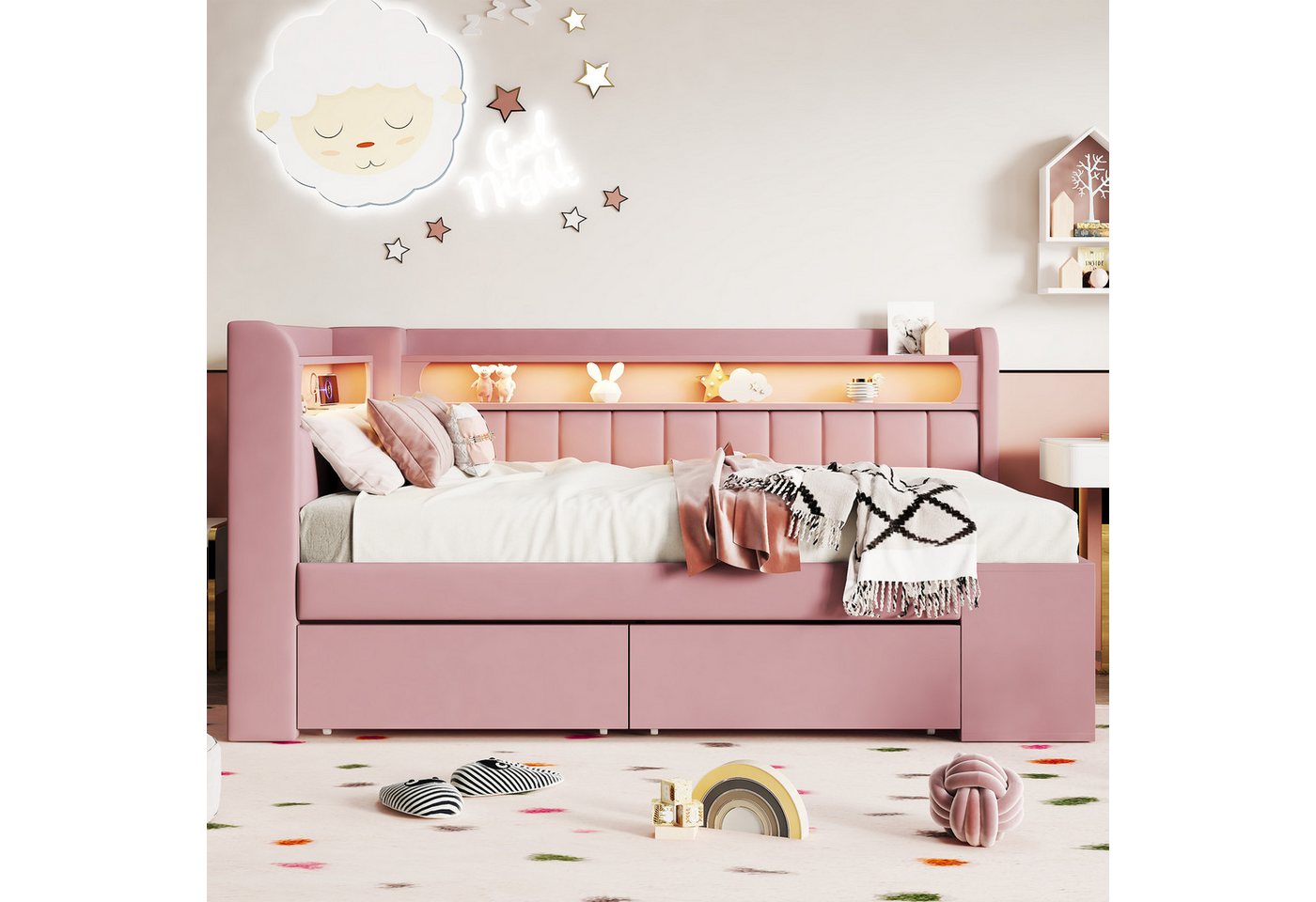 Flieks Daybett, Kinderbett 90x200cm mit Schuhschrank, 2 Schubladen, USB & LED – Bild 4 von 5