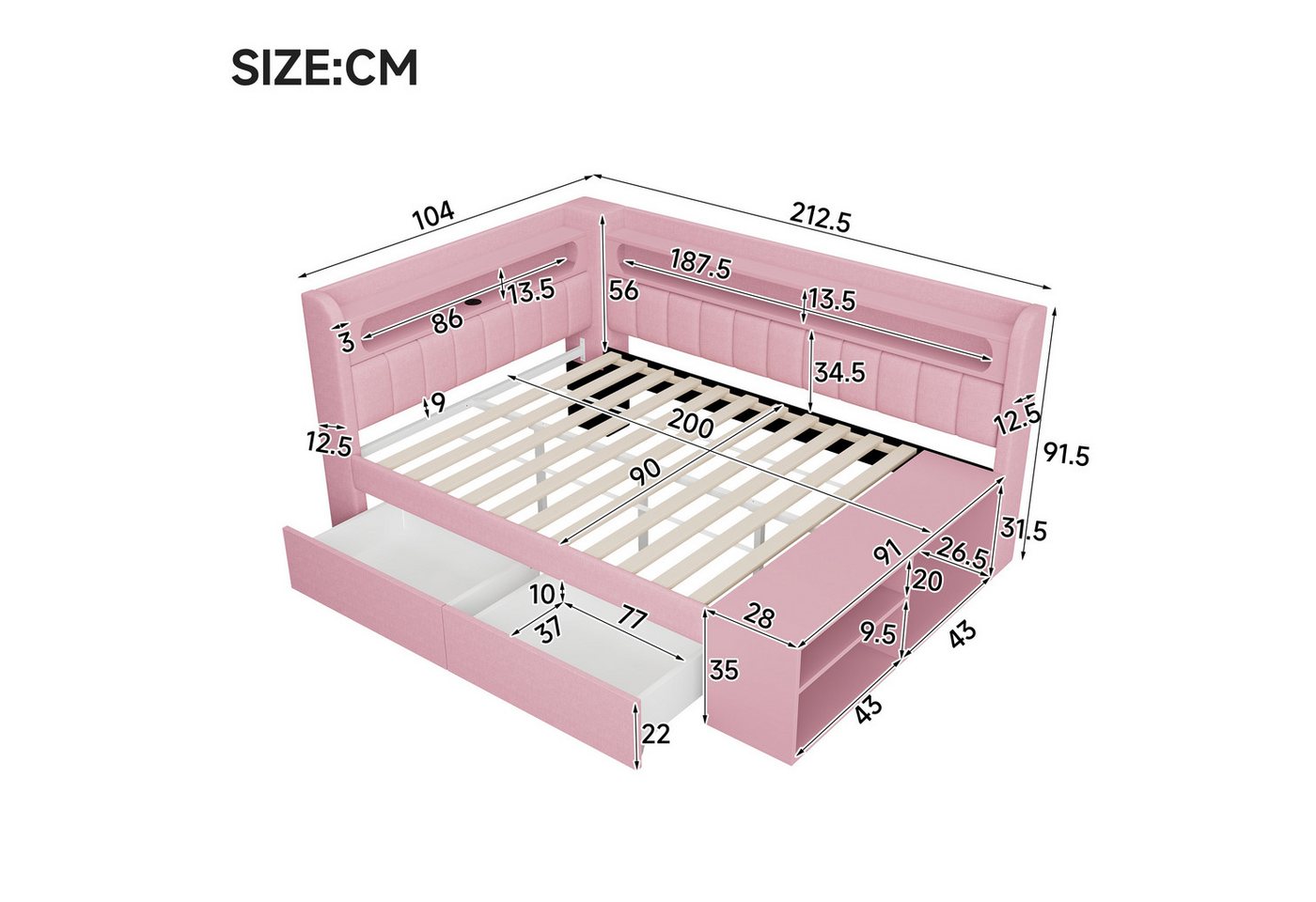 Flieks Daybett, Kinderbett 90x200cm mit Schuhschrank, 2 Schubladen, USB & LED – Bild 5 von 5