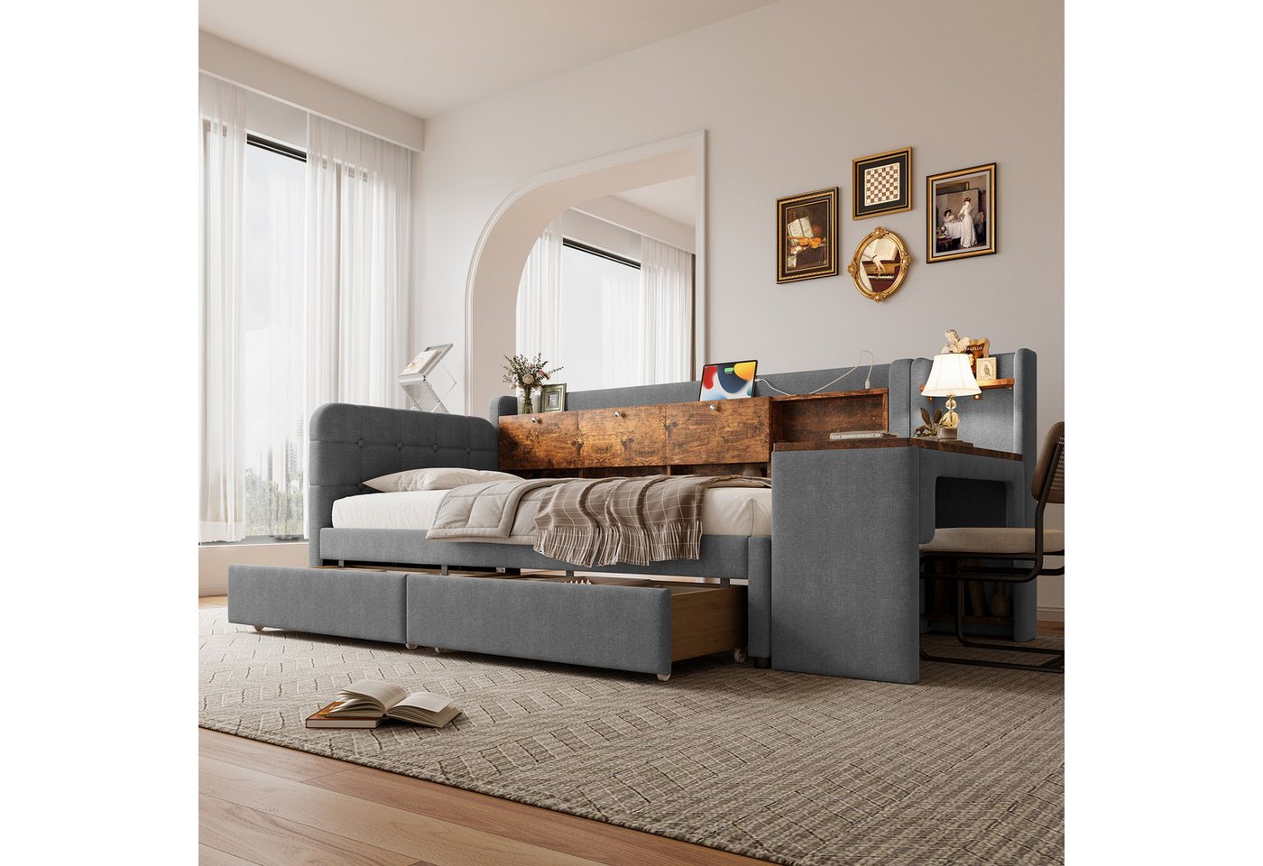 Flieks Daybett, Polsterbett Tagesbett 90x200cm mit 2 Schublade, Schreibtisch, Aufladen – Bild 2 von 5