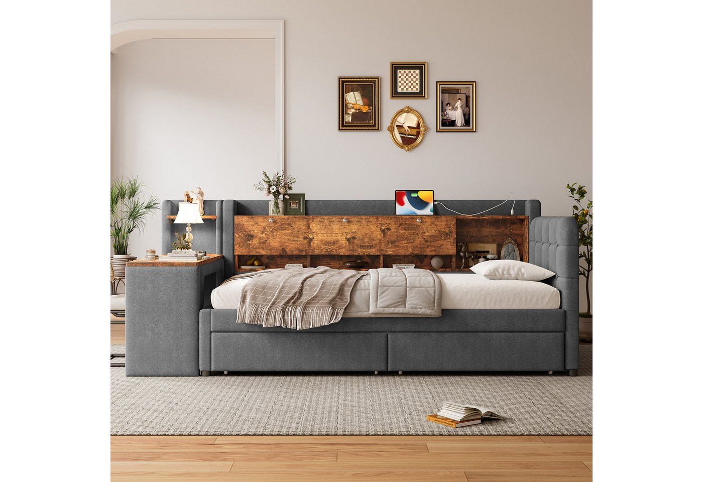 Flieks Daybett, Polsterbett Tagesbett 90x200cm mit 2 Schublade, Schreibtisch, Aufladen – Bild 3 von 5