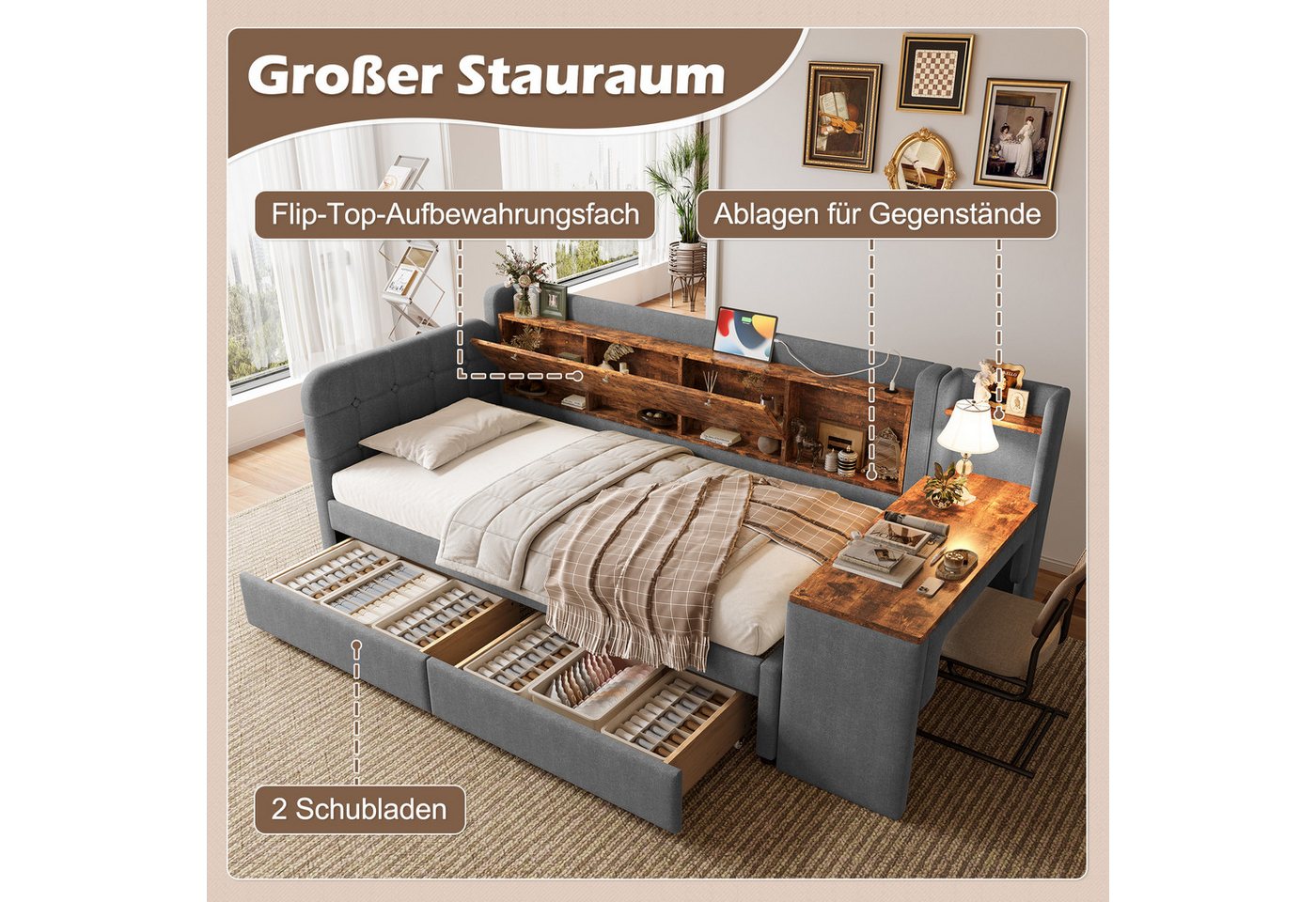 Flieks Daybett, Polsterbett Tagesbett 90x200cm mit 2 Schublade, Schreibtisch, Aufladen – Bild 4 von 5