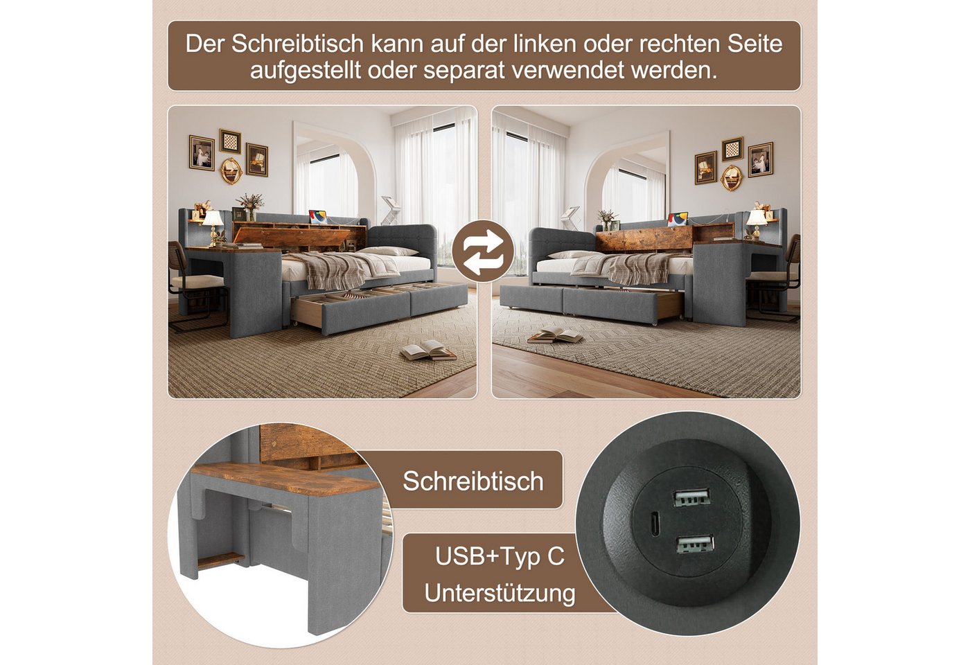 Flieks Daybett, Polsterbett Tagesbett 90x200cm mit 2 Schublade, Schreibtisch, Aufladen – Bild 5 von 5