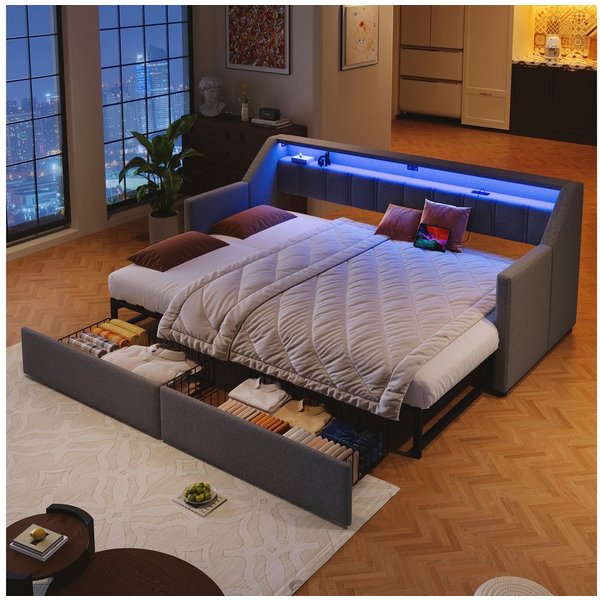 Flieks Daybett, Polsterbett 90/180x200cm mit USB-Aufladen, LED-Leiste und 2 Schubladen
