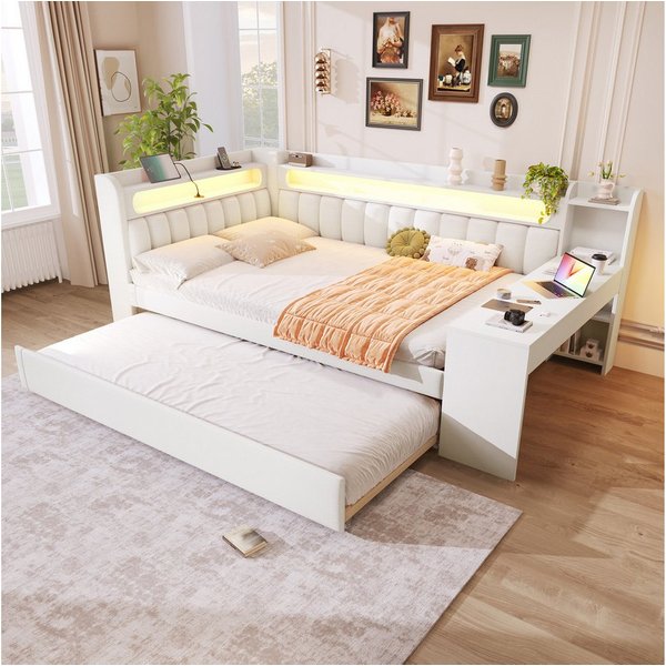 Flieks Daybett, Polsterbett 140x200cm mit Ausziehbett 90x190cm, USB, LED, Schreibtisch