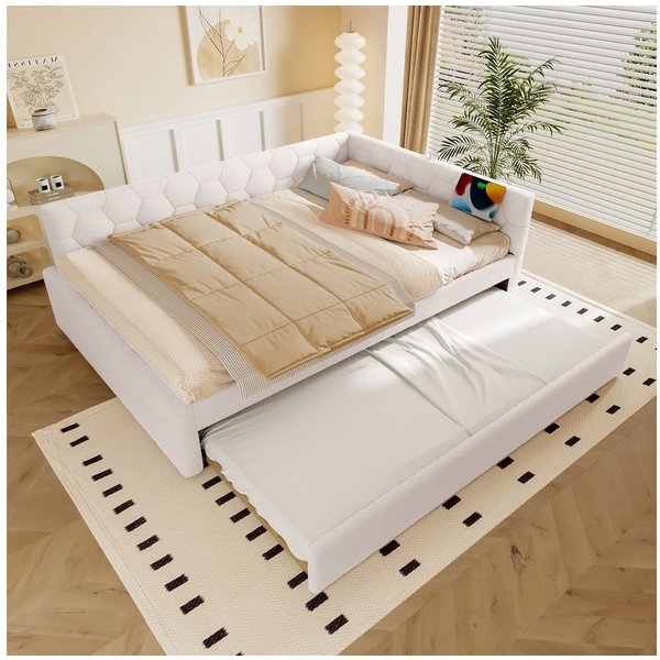 Flieks Daybett, Polsterbett Kinderbett 140x200cm mit Ausziehbett 90x190cm, USB & Typ-C