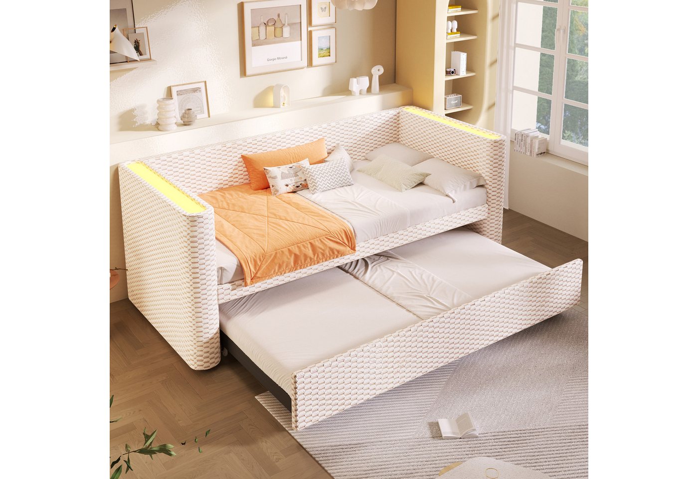 Flieks Daybett, LED Polsterbett Kinderbett Schlafsofa 90/180×200cm mit Ausziehbett – Bild 2 von 5