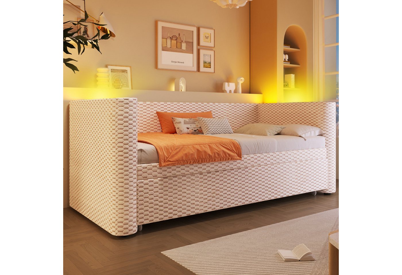 Flieks Daybett, LED Polsterbett Kinderbett Schlafsofa 90/180×200cm mit Ausziehbett – Bild 3 von 5
