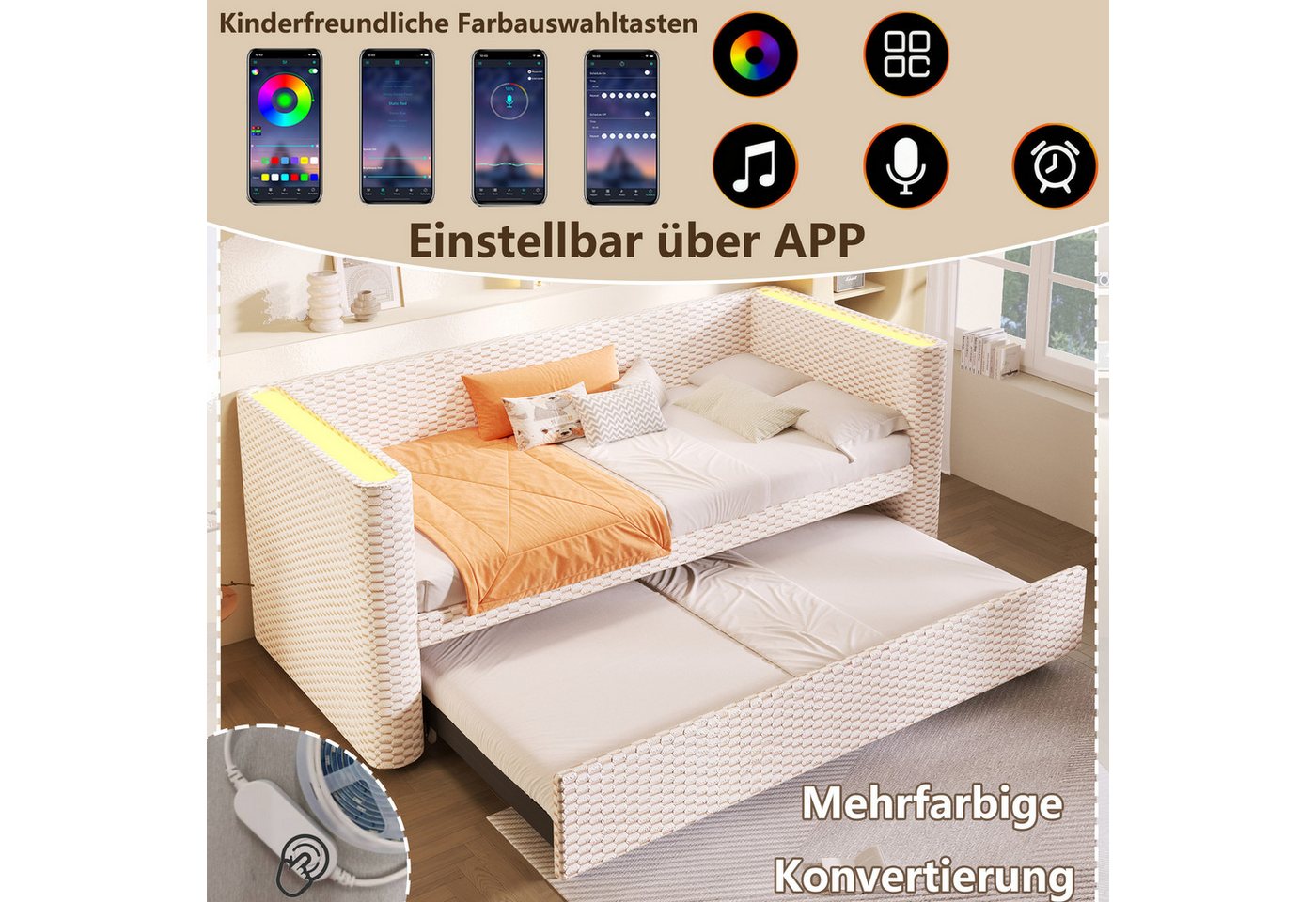 Flieks Daybett, LED Polsterbett Kinderbett Schlafsofa 90/180×200cm mit Ausziehbett – Bild 5 von 5