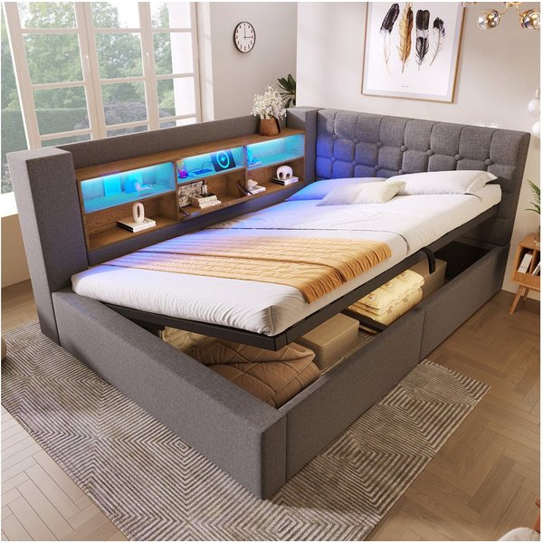 Flieks Daybett, Hydraulisches Polsterbett 140x200cm mit LED-Beleuchtung und Aufladen
