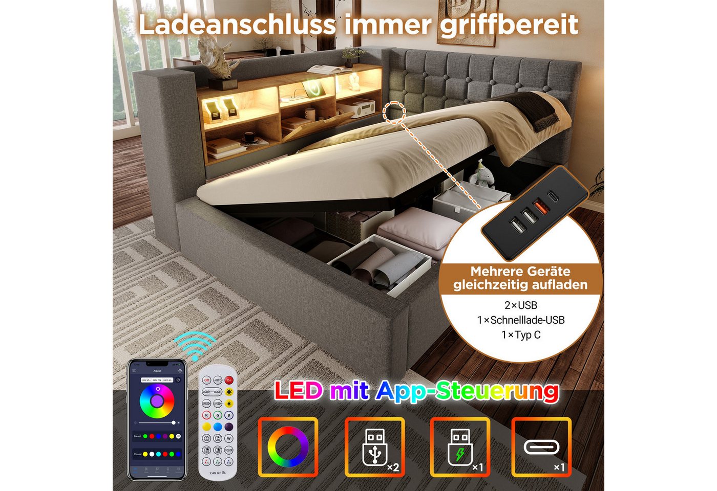 Flieks Daybett, Hydraulisches Polsterbett 140x200cm mit LED-Beleuchtung und Aufladen – Bild 4 von 5