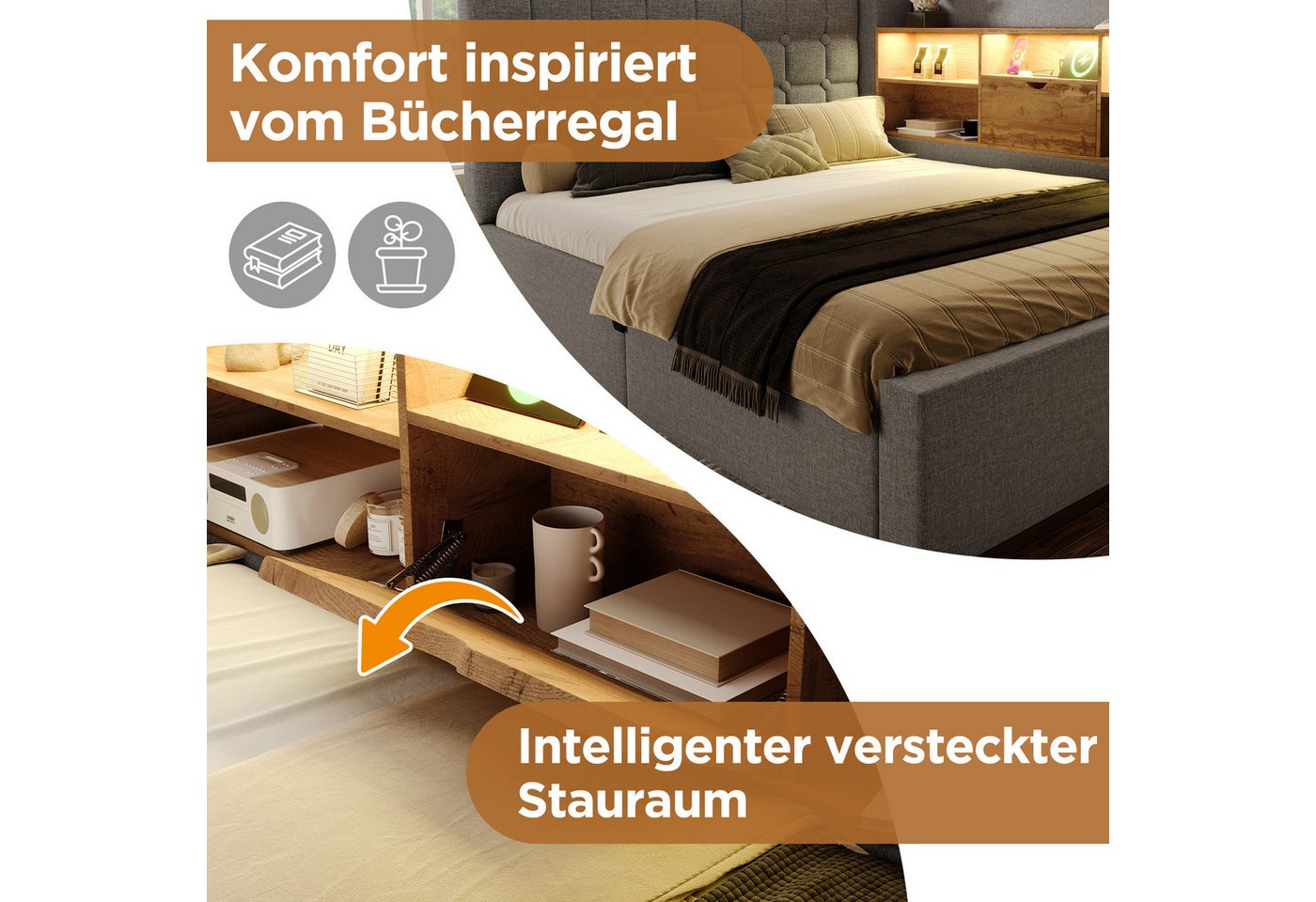 Flieks Daybett, Hydraulisches Polsterbett 140x200cm mit LED-Beleuchtung und Aufladen – Bild 5 von 5