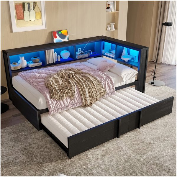 Flieks Daybett, Metall-Tagesbett 90x200cm mit Ausziehbett 90x190cm, LED und Aufladen