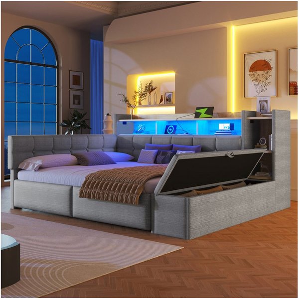 Flieks Daybett, Polsterbett 140×190cm mit LED, Aufladen, 2 Schubladen und Polsterbank
