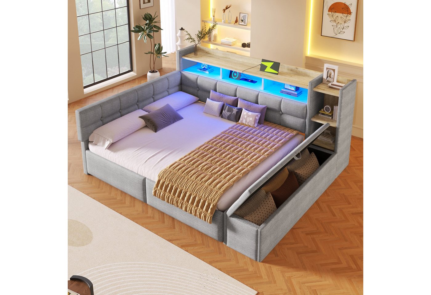 Flieks Daybett, Polsterbett 140×190cm mit LED, Aufladen, 2 Schubladen und Polsterbank – Bild 2 von 5