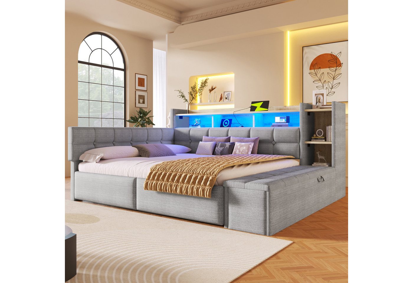 Flieks Daybett, Polsterbett 140×190cm mit LED, Aufladen, 2 Schubladen und Polsterbank – Bild 3 von 5