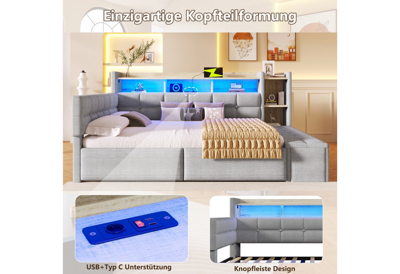 Flieks Daybett, Polsterbett 140×190cm mit LED, Aufladen, 2 Schubladen und Polsterbank – Bild 4 von 5