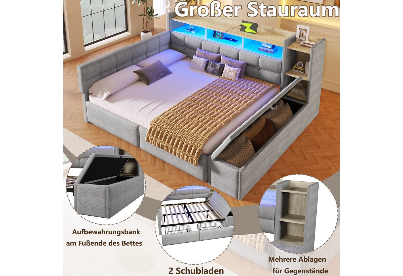 Flieks Daybett, Polsterbett 140×190cm mit LED, Aufladen, 2 Schubladen und Polsterbank – Bild 5 von 5