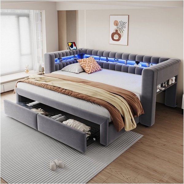 Flieks Daybett, Polsterbett 90/180×190cm mit Ausziehbett, Schubladen, LED & Aufladen