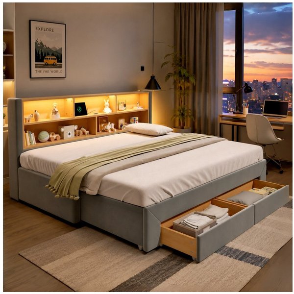 Flieks Daybett, Polsterbett 90/180x200cm mit Ausziehbett, 2 Schubladen, Aufladen & LED