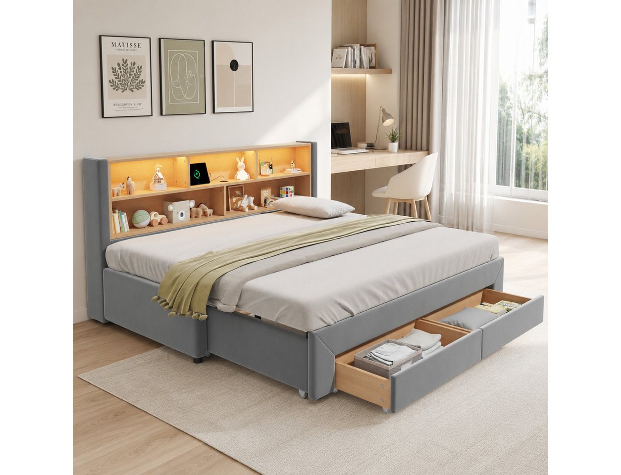 Flieks Daybett, Polsterbett 90/180x200cm mit Ausziehbett, 2 Schubladen, Aufladen & LED – Bild 2 von 5