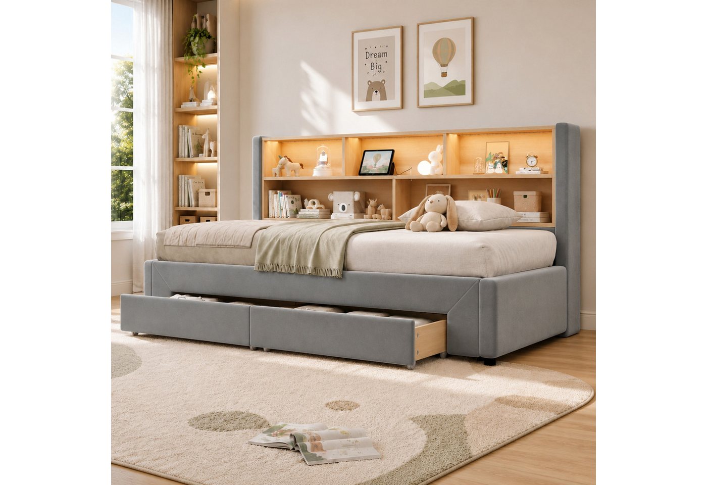Flieks Daybett, Polsterbett 90/180x200cm mit Ausziehbett, 2 Schubladen, Aufladen & LED – Bild 3 von 5