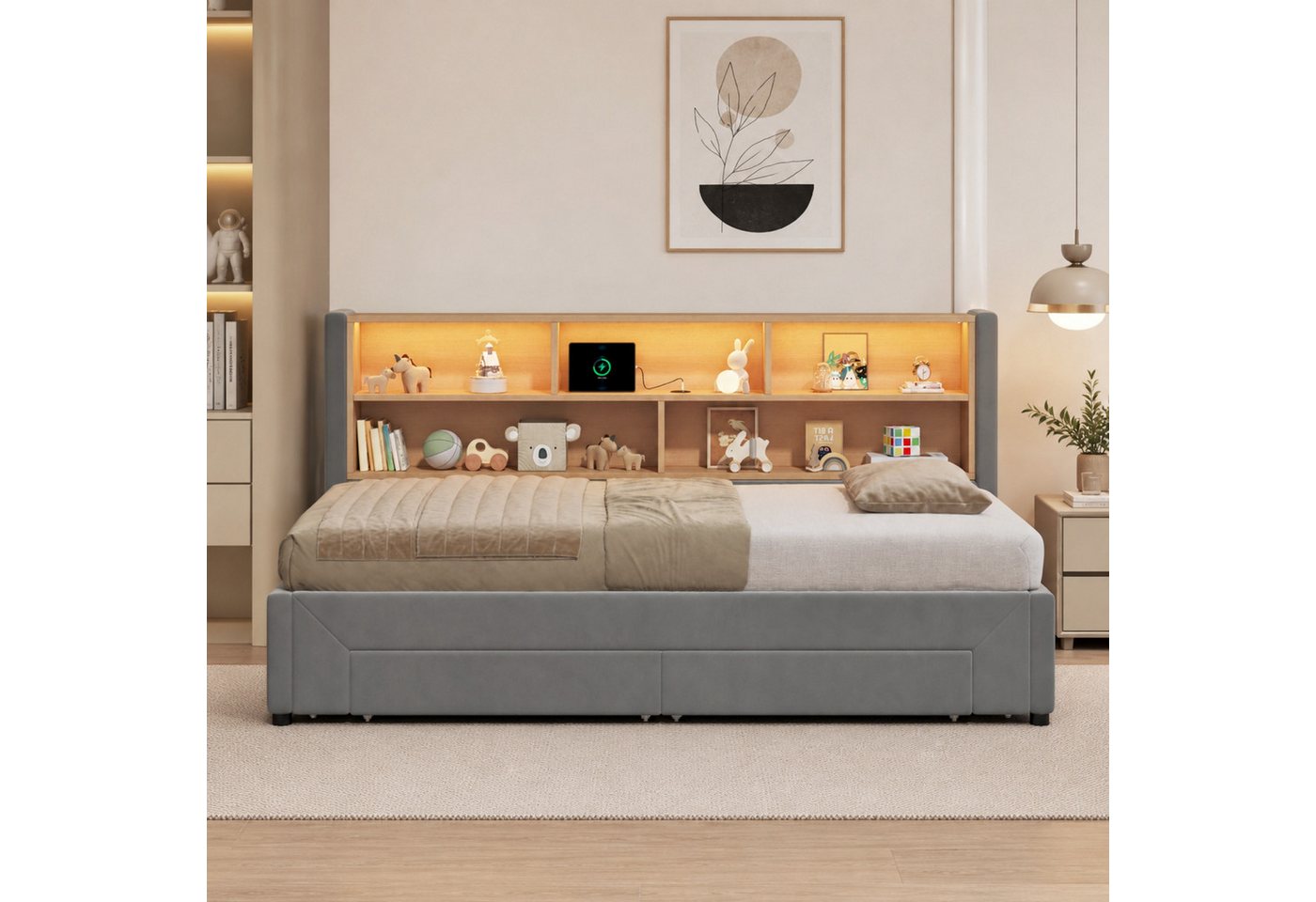 Flieks Daybett, Polsterbett 90/180x200cm mit Ausziehbett, 2 Schubladen, Aufladen & LED – Bild 4 von 5