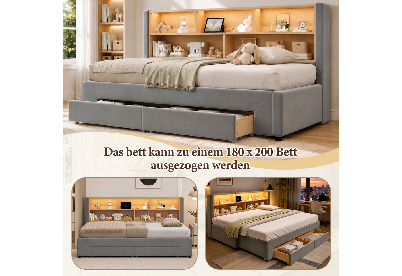 Flieks Daybett, Polsterbett 90/180x200cm mit Ausziehbett, 2 Schubladen, Aufladen & LED – Bild 5 von 5