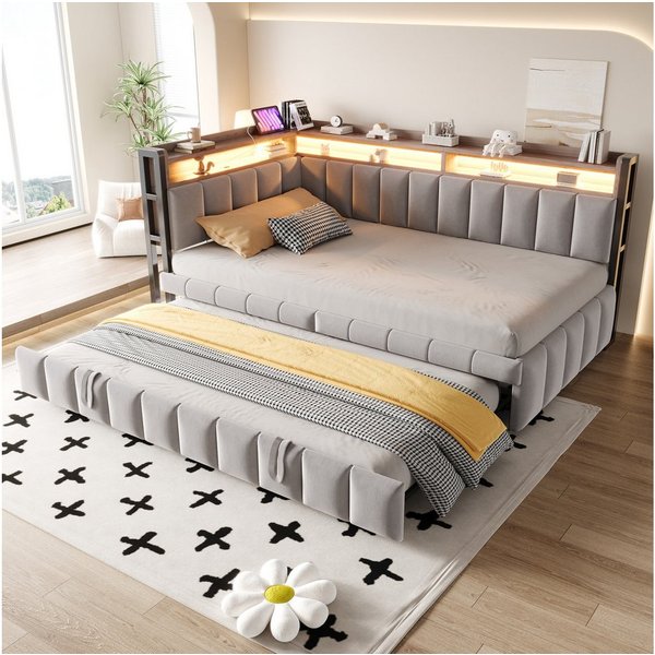 Flieks Daybett, LED Polsterbett Schlafsofa 90x200cm mit Aufladen, Ausziehbett 90x190cm