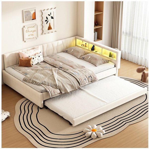 Flieks Daybett, LED Polsterbett Schlafsofa 140x200cm & Ausziehbett 90x190cm & Aufladen
