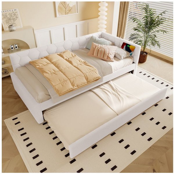Flieks Daybett, Polsterbett Kinderbett 90x200cm mit Ausziehbett 90x190cm, USB & Typ-C