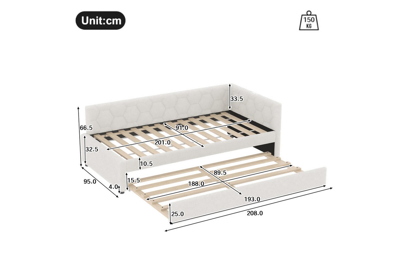 Flieks Daybett, Polsterbett Kinderbett 90x200cm mit Ausziehbett 90x190cm, USB & Typ-C – Bild 4 von 5