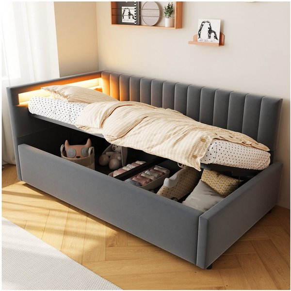 Flieks Daybett, Polsterbett Schlafsofa Einzelbett 90x200cm mit hydraulischem Stauraum