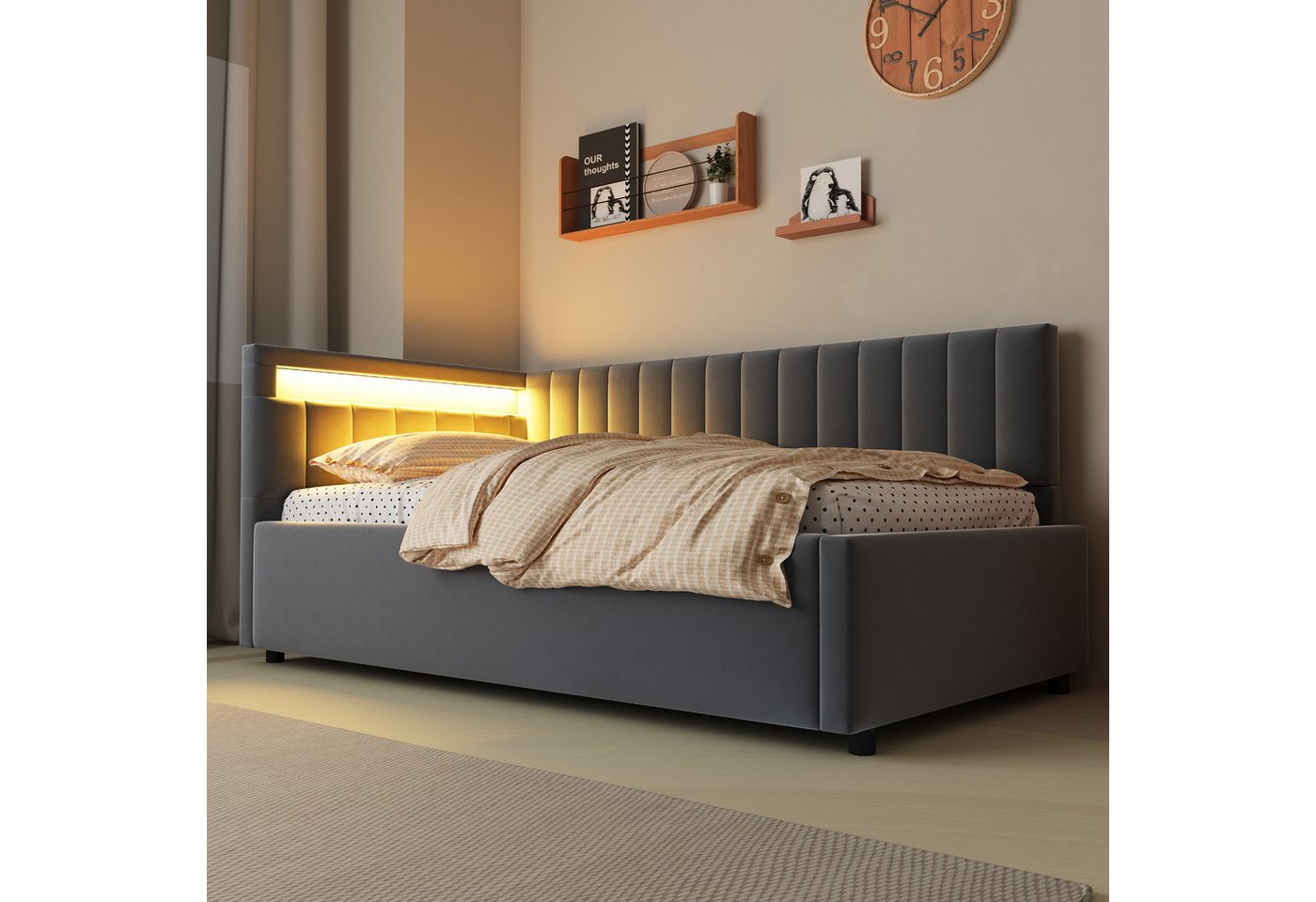 Flieks Daybett, Polsterbett Schlafsofa Einzelbett 90x200cm mit hydraulischem Stauraum – Bild 2 von 5