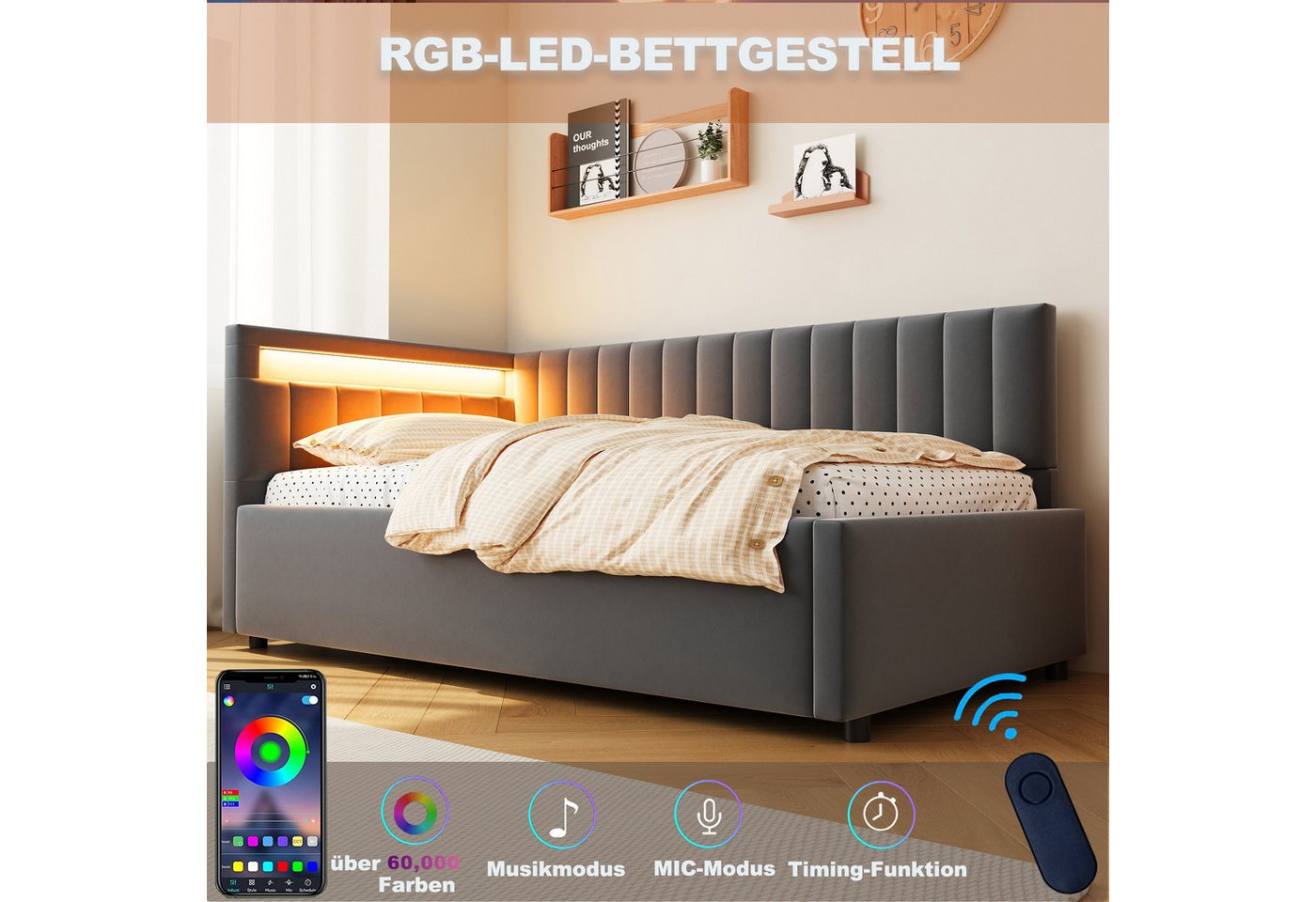 Flieks Daybett, Polsterbett Schlafsofa Einzelbett 90x200cm mit hydraulischem Stauraum – Bild 4 von 5