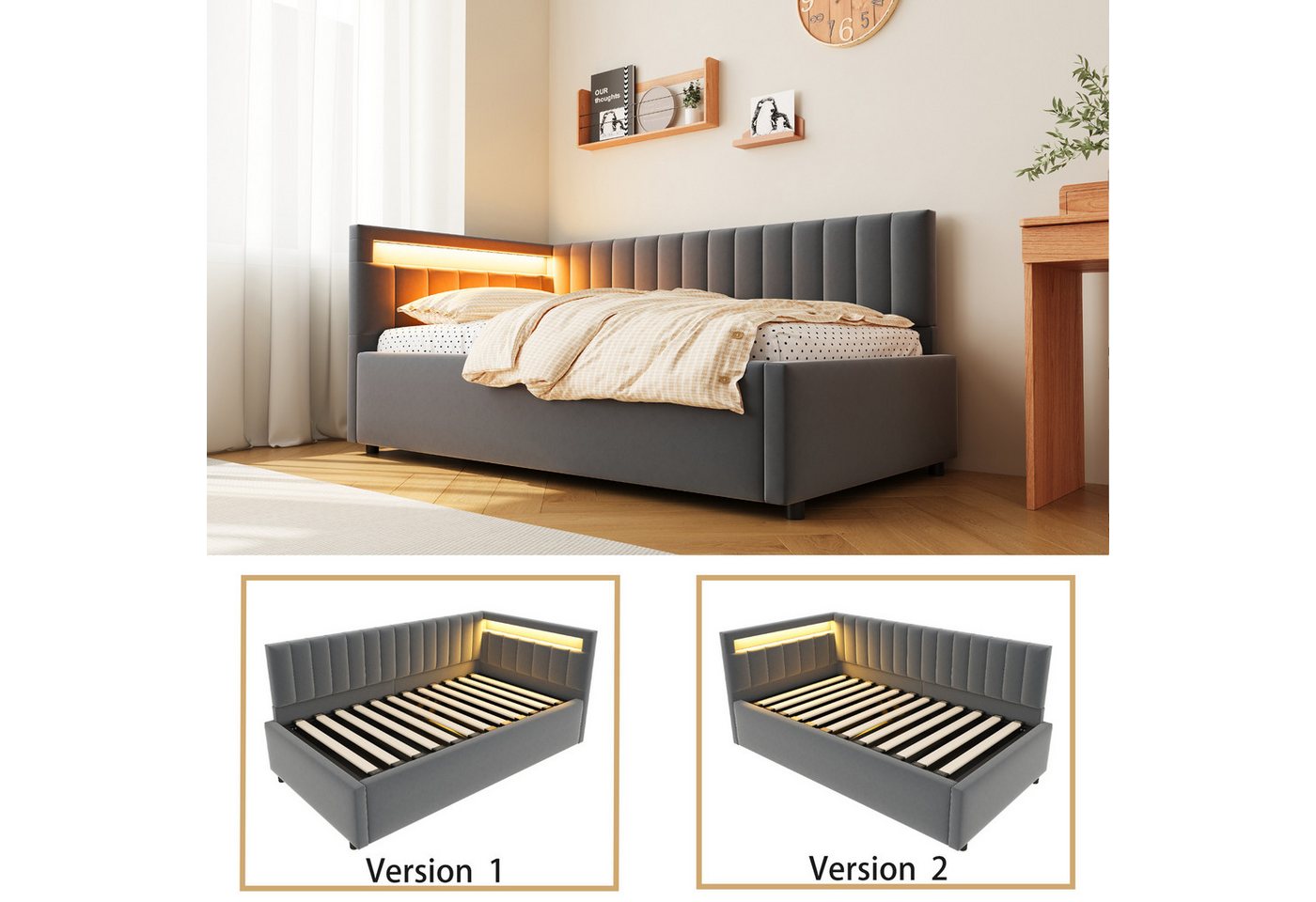 Flieks Daybett, Polsterbett Schlafsofa Einzelbett 90x200cm mit hydraulischem Stauraum – Bild 5 von 5