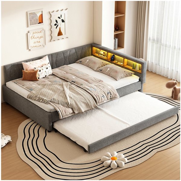 Flieks Daybett, LED Polsterbett Schlafsofa 140x200cm & Ausziehbett 90x190cm & Aufladen