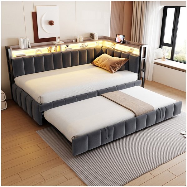 Flieks Daybett, LED Polsterbett Schlafsofa 90x200cm mit Aufladen, Ausziehbett 90x190cm