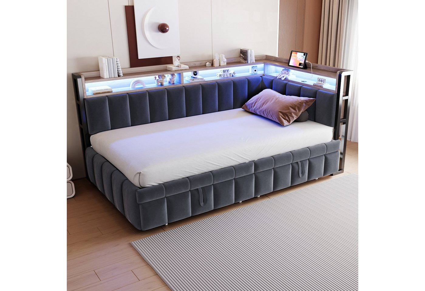 Flieks Daybett, LED Polsterbett Schlafsofa 90x200cm mit Aufladen, Ausziehbett 90x190cm – Bild 2 von 5