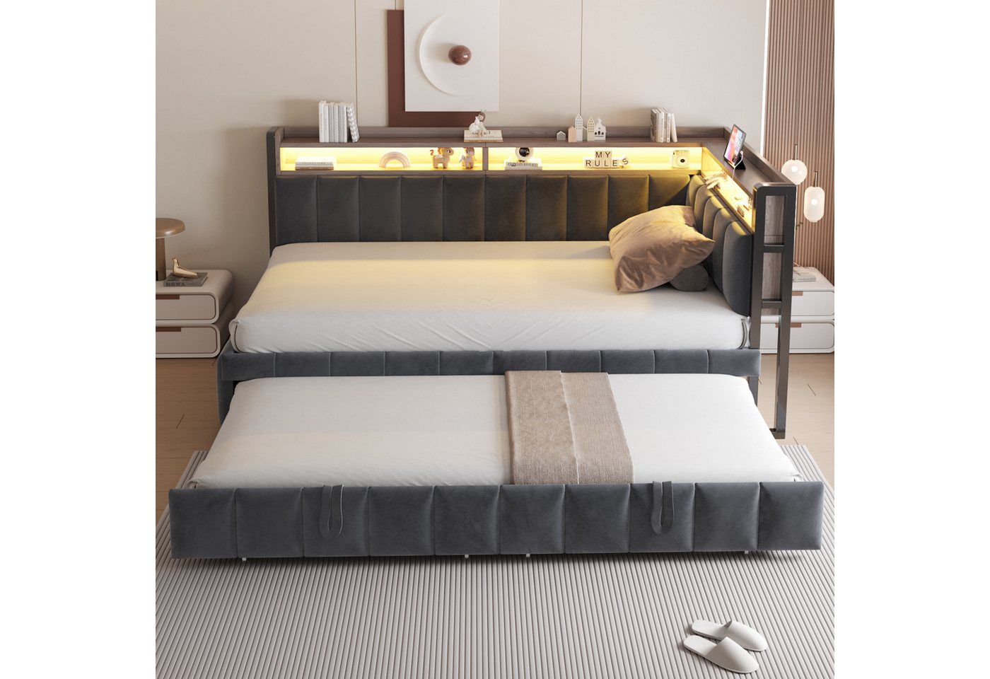 Flieks Daybett, LED Polsterbett Schlafsofa 90x200cm mit Aufladen, Ausziehbett 90x190cm – Bild 3 von 5