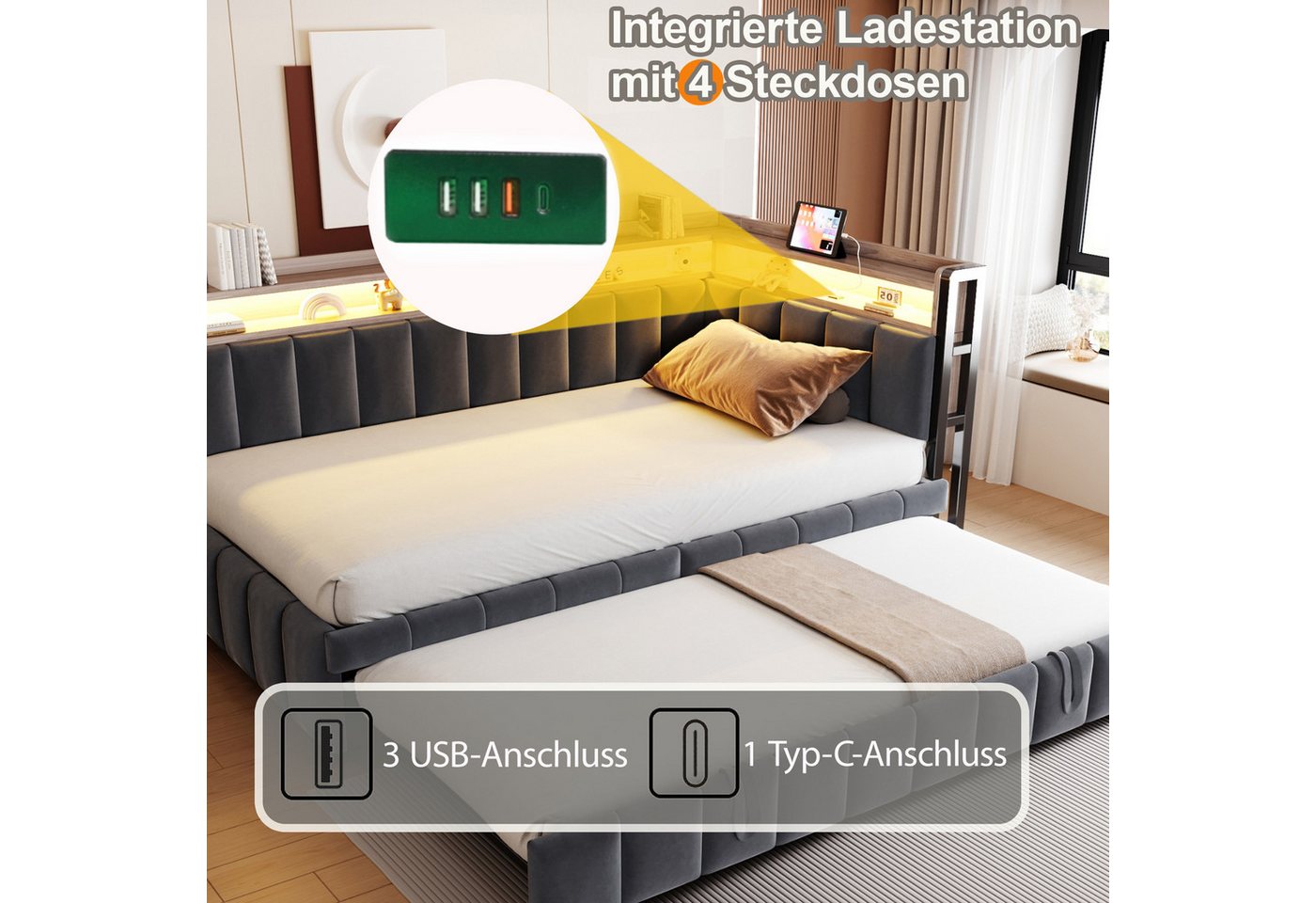 Flieks Daybett, LED Polsterbett Schlafsofa 90x200cm mit Aufladen, Ausziehbett 90x190cm – Bild 4 von 5
