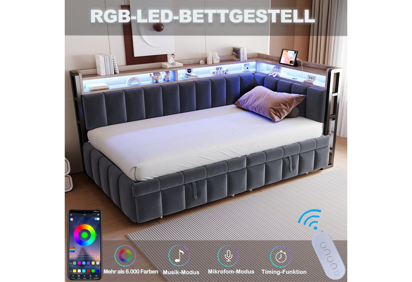 Flieks Daybett, LED Polsterbett Schlafsofa 90x200cm mit Aufladen, Ausziehbett 90x190cm – Bild 5 von 5