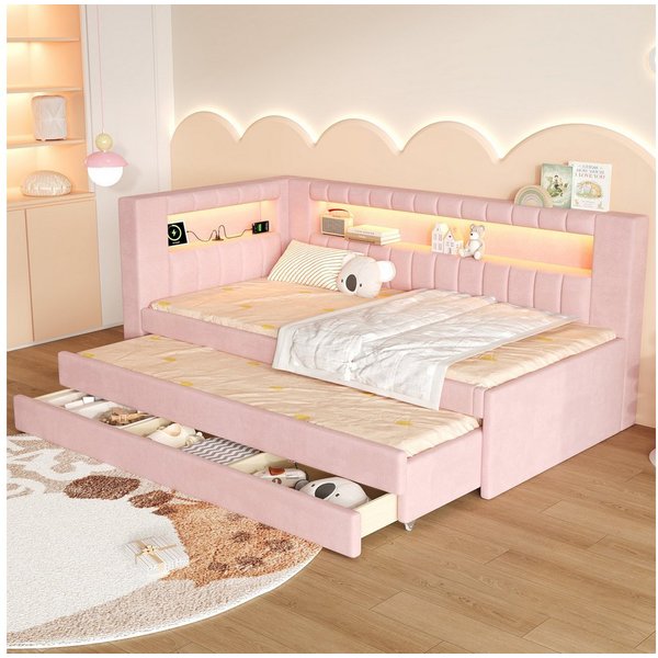 Flieks Daybett, Polsterbett 90x200cm mit Ausziehbett 90x190cm, Schubladen, USB & LED