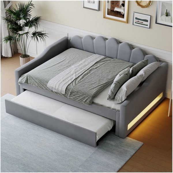 Flieks Daybett, Polsterbett Tagesbett 140x200cm mit Ausziehbett 90x190cm und LED