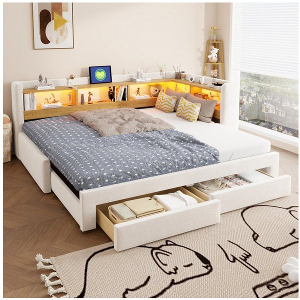 Flieks Daybett, Polsterbett 90/180x200cm mit Ausziehbett, Schubladen, LED & Aufladen