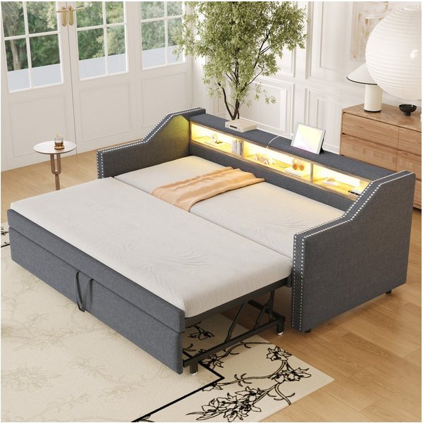 Flieks Daybett, Ausziehbares Polsterbett Schlafsofa 90/180x190cm mit USB-Laden