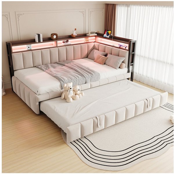 Flieks Daybett, LED Polsterbett Schlafsofa 90x200cm mit Aufladen, Ausziehbett 90x190cm