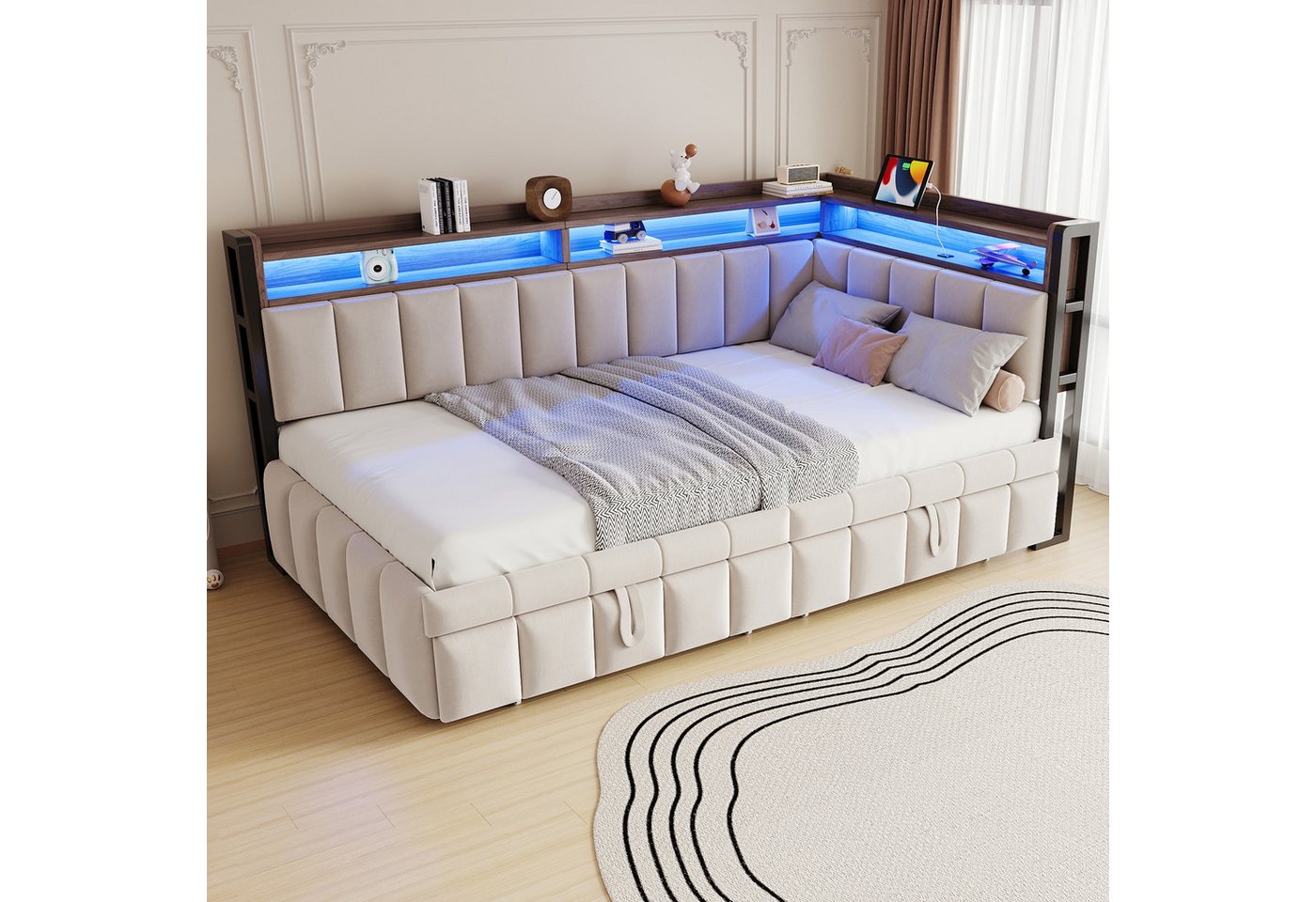 Flieks Daybett, LED Polsterbett Schlafsofa 90x200cm mit Aufladen, Ausziehbett 90x190cm – Bild 2 von 5