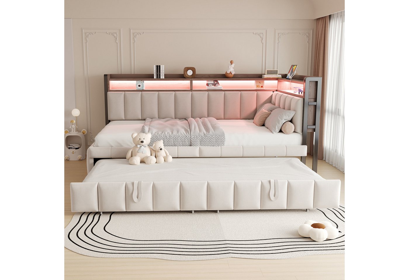 Flieks Daybett, LED Polsterbett Schlafsofa 90x200cm mit Aufladen, Ausziehbett 90x190cm – Bild 3 von 5