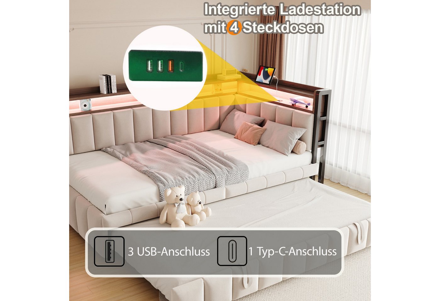 Flieks Daybett, LED Polsterbett Schlafsofa 90x200cm mit Aufladen, Ausziehbett 90x190cm – Bild 4 von 5